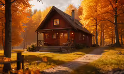 a cabin sits in the middle of a forest,a house that has the steps leading up to it