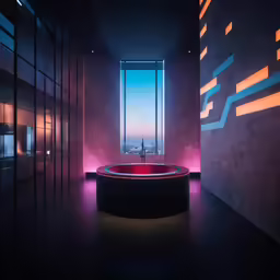 a large bath tub is positioned near large windows