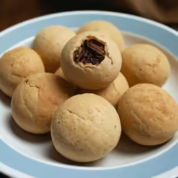 a bowl filled with chinese pastries on top of a wooden table