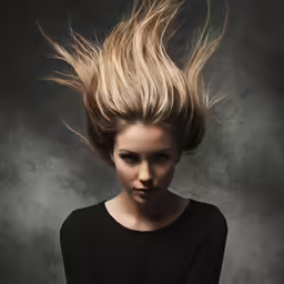 a woman with blonde hair and black shirt