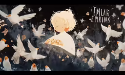 the little girl is surrounded by birds while flying