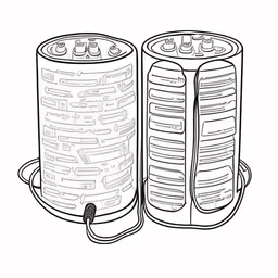 two tin cans next to each other in the shape of a coin,two batteries connected to each other with wires,this drawing of batteries has a power source and wire,two cans with their lids open with wires running around,two battery batteries one with the plugged into the top