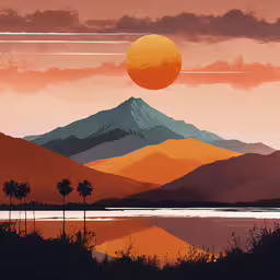 the sun is setting over some mountains and water,mountains with palm trees in a landscape painted in acrylic style