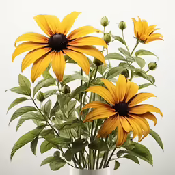 two yellow flowers in a white vase