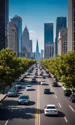 cars are driving on the highway in a large city
