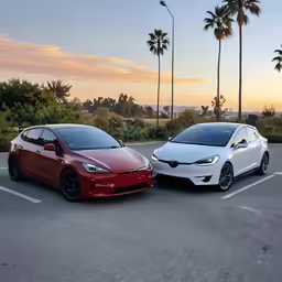 two electric cars parked in the parking lot of an industrial area