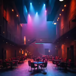 tables and chairs are in the dark surrounded by red and blue lights