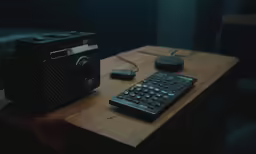 a wooden table with a camera and a remote
