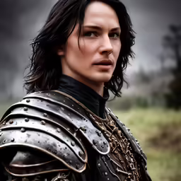 a woman dressed in armor and jewelry in a field