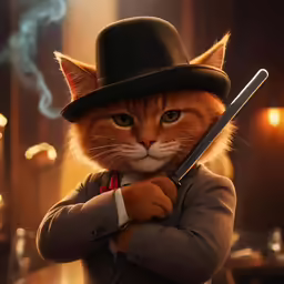 the cat is wearing a top hat, holding two knives