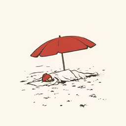 a drawing of a person lying on the beach under an umbrella