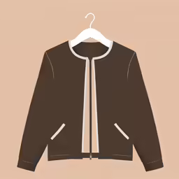 a brown jacket with white stripes hanging on a hanger