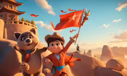 two animated characters on the desert with a flag and buildings