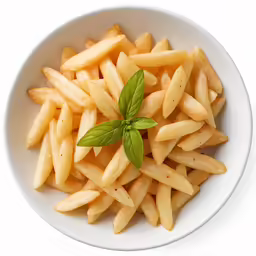 a white bowl of fries that have a green leaf in the middle