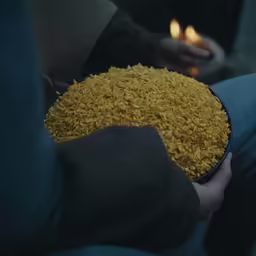 a bowl with rice is being held by someone