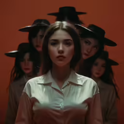 a woman is surrounded by eight women in hats