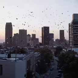 a view of a city skyline and some trees