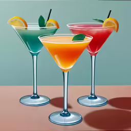 two glasses of different flavored drinks sitting on top of a table