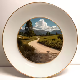 an oval plate is in front of a photograph of a dirt path