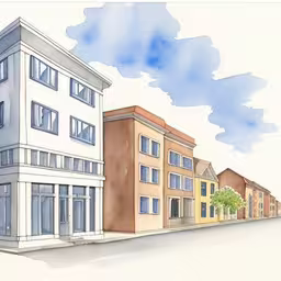 an ink - and - watercolor drawing of a street and building with trees,watercolor painting of a town street with multiple buildings,an ink sketch of a three story building,a drawing of a two story building in a city,a drawing of the front and side of buildings