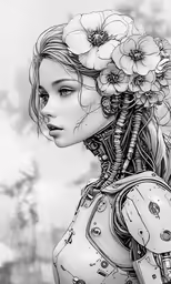 a drawing of a woman with flowers in her hair