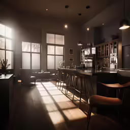 a bar with a light shining in through the windows