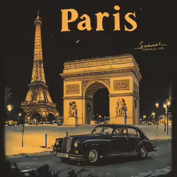 a car in front of the eiffel tower with a lit up postcard
