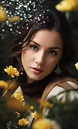 a beautiful young woman with blue eyes standing next to flowers