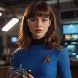 a woman in a blue uniform holds a video game controller