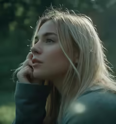 a beautiful blond woman looking down with a tree in the background