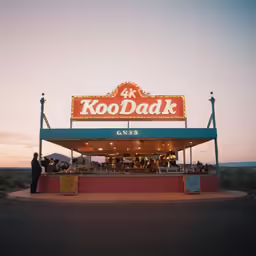 there is a kiosk sitting with its lights on at dusk