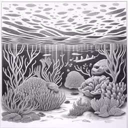 an underwater scene showing corals, algae and fish