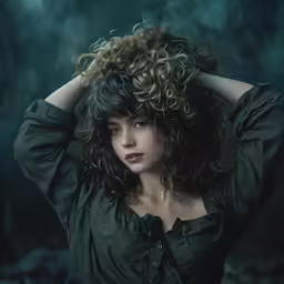 woman with dark curls in green dress posing for camera