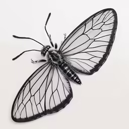 a black and white butterfly is shown with wings folded over the back