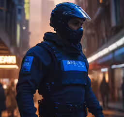 a police officer standing in the street wearing protective gear,an individual in the dark with a helmet and ski gear