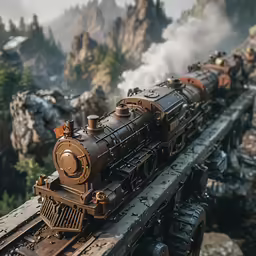 a model train traveling over a bridge with mountains in the background