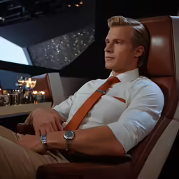 a man sits on a tan leather chair in a restaurant