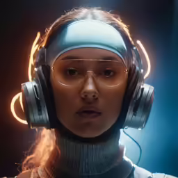 a woman wearing headphones and a sweater