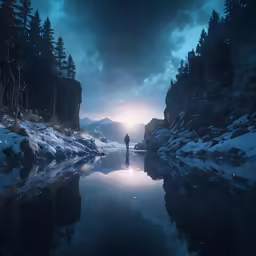 a person standing in a snowy forest looking at the water