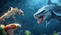 two small lizards fighting each other in water