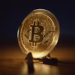 a gold bit coin is shown on a brown surface