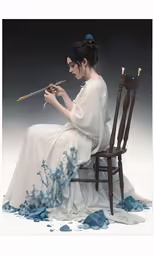 a woman sitting on a chair with a pipe