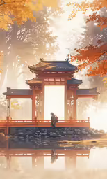 a woman sitting in front of a small pavilion near water