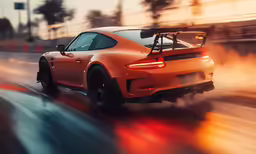 the orange porsche sports car on a wet road