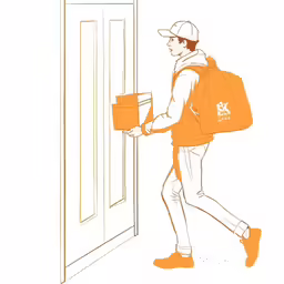 a drawing of a man carrying books coming out of a door
