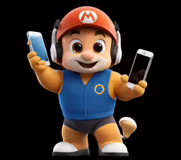 a man in headphones holds up two phones