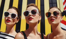 three women with sun glasses standing in front of a wall