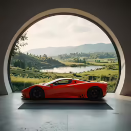a car sitting in the front of a large circular window