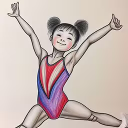 an oriental woman with a pony tail in a leotard jumping,a drawing of an asian girl in a leotard