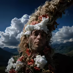 a man with flowers in his hair